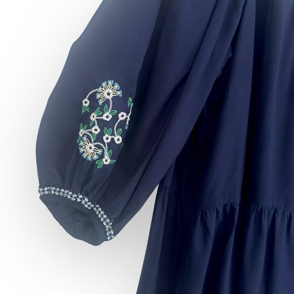 Max Studio Embroidered Peasant Dress Size XL Navy Blue Boho Oversized Tassel - Picture 7 of 11